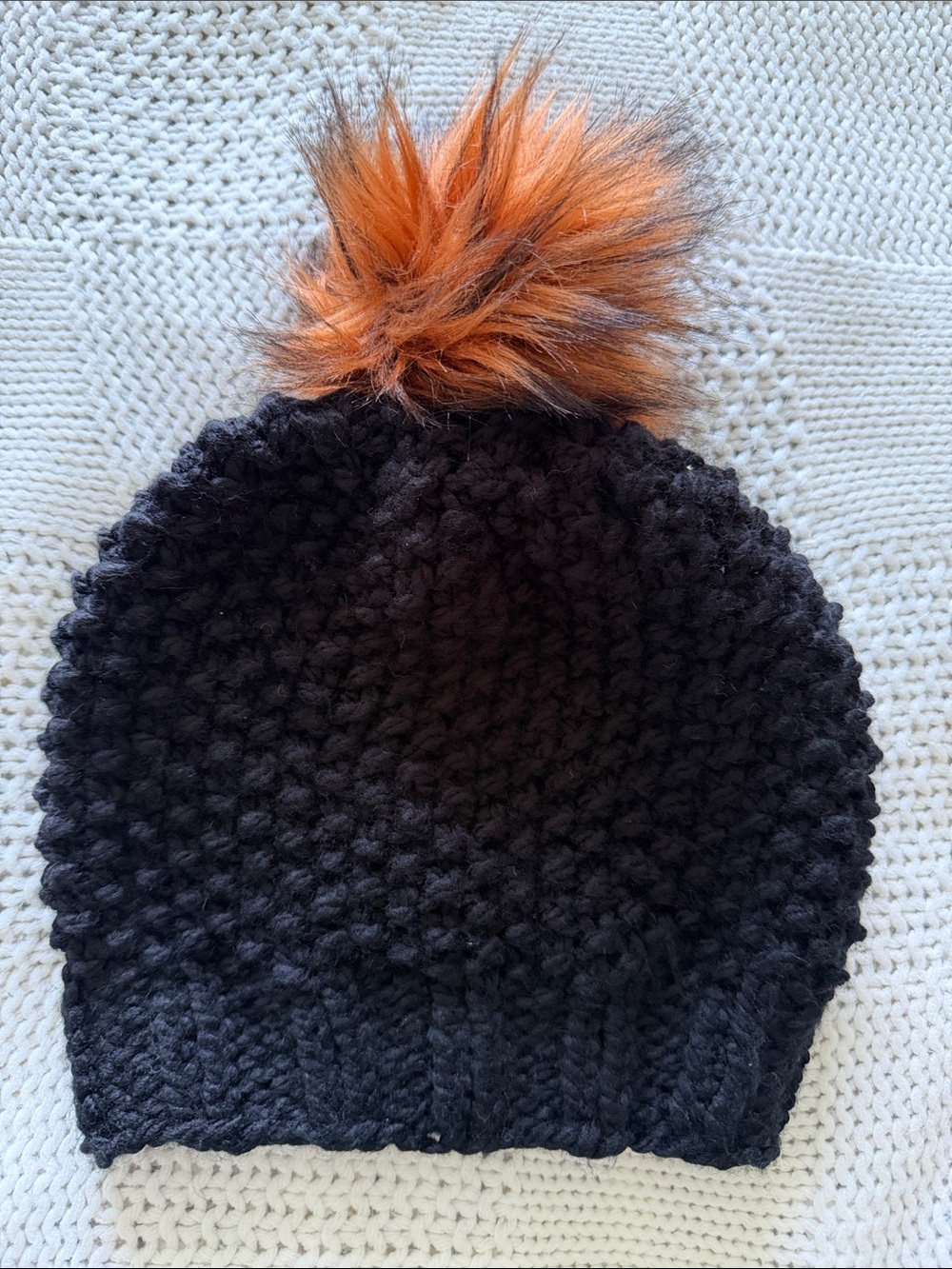 Chunky Black Knit Beanie with Orange Faux Fur Pom